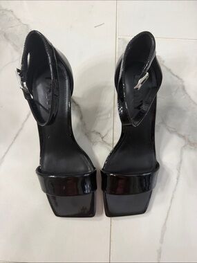 DKNY Black Patent Square-Toe Ankle-Strap Heels